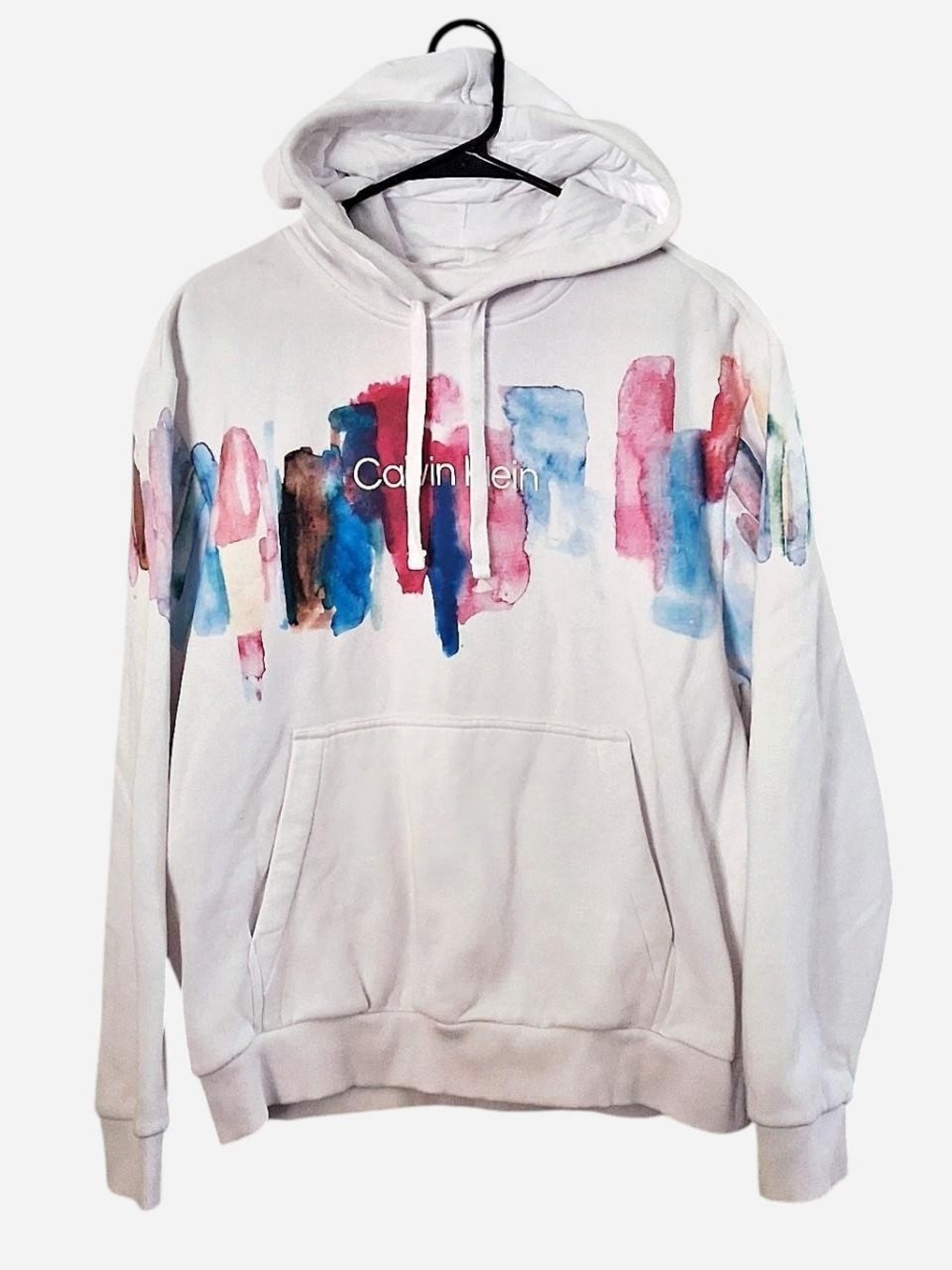 Calvin Klein White Hoodie with Multicolor Watercolor Print